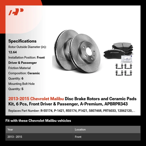2013-2015 Chevrolet Malibu Disc Brake Rotors and Ceramic Pads Kit, 6 Pcs, Front Driver & Passenger, A-Premium, APBRPR343