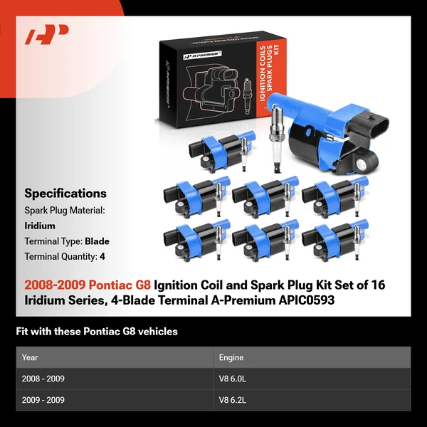 2008-2009 Pontiac G8 Ignition Coil and Spark Plug Kit Set of 16 Iridium Series, 4-Blade Terminal A-Premium APIC0593