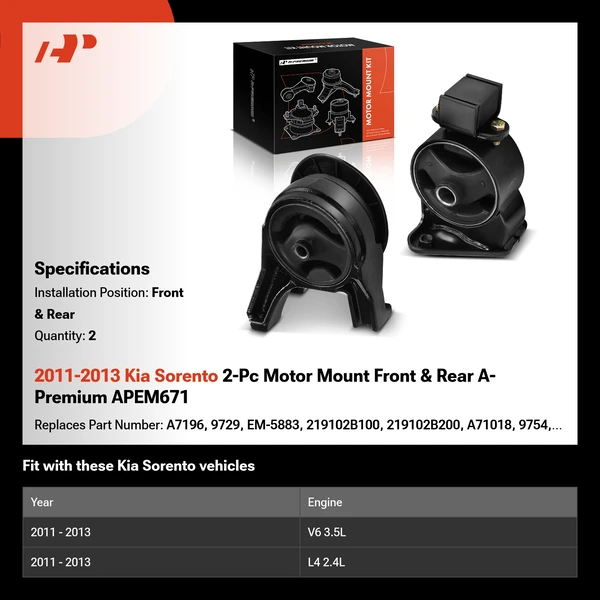 2011-2013 Kia Sorento 2-Pc Motor Mount Front & Rear A-Premium APEM671
