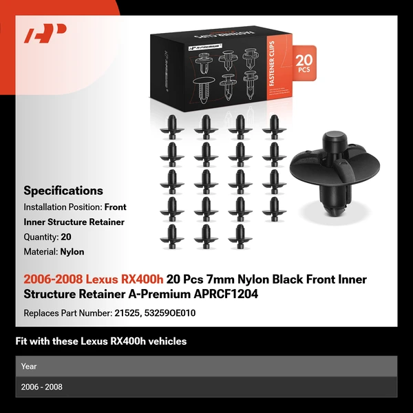 2006-2008 Lexus RX400h 20 Pcs 7mm Nylon Black Front Inner Structure Retainer A-Premium APRCF1204