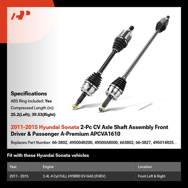 2011-2015 Hyundai Sonata 2-Pc CV Axle Shaft Assembly Front Driver & Passenger A-Premium APCVA1610