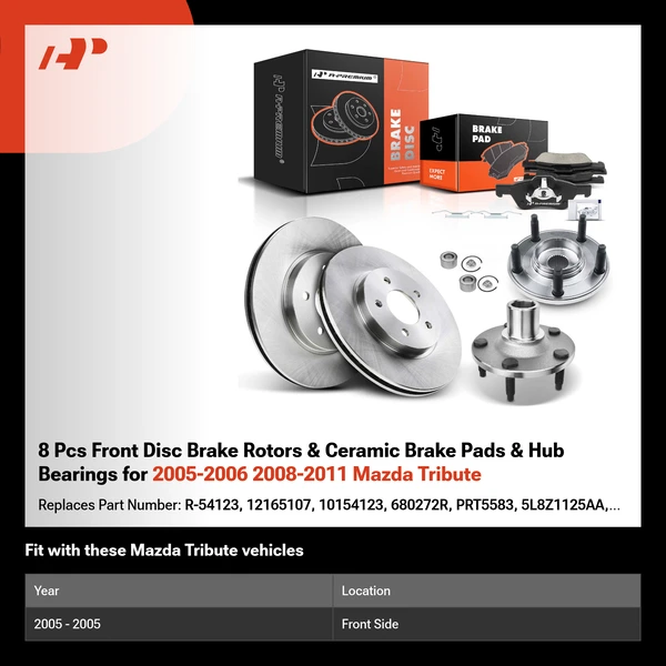8 Pcs Front Disc Brake Rotors & Ceramic Brake Pads & Hub Bearings for 2005-2006 2008-2011 Mazda Tribute
