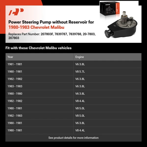 Power Steering Pump without Reservoir for 1980-1983 Chevrolet Malibu