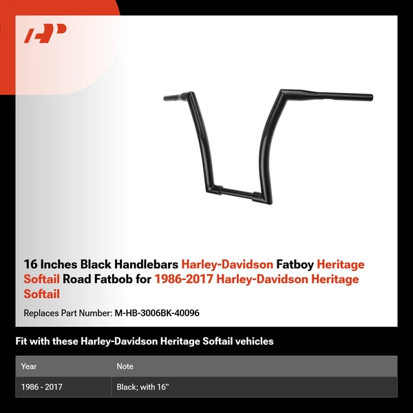 16 Inches Black Handlebars Harley-Davidson Fatboy Heritage Softail Road Fatbob for 1986-2017 Harley-Davidson Heritage Softail