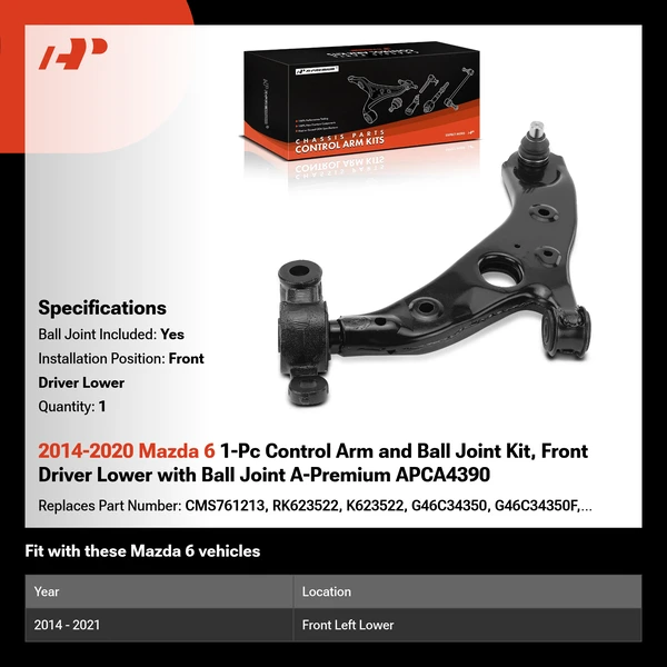 2014-2020 Mazda 6 1-Pc Control Arm and Ball Joint Kit, Front Driver Lower with Ball Joint A-Premium APCA4390