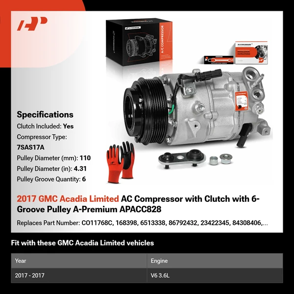 2017 GMC Acadia Limited AC Compressor with Clutch with 6-Groove Pulley A-Premium APACC828