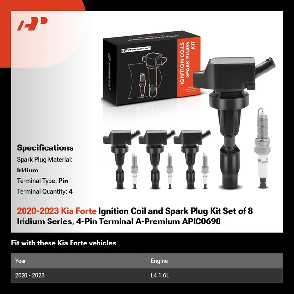 2020-2023 Kia Forte Ignition Coil and Spark Plug Kit Set of 8 Iridium Series, 4-Pin Terminal A-Premium APIC0698