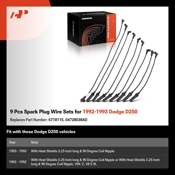 9 Pcs Spark Plug Wire Sets for 1992-1993 Dodge D250