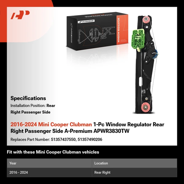 2016-2024 Mini Cooper Clubman 1-Pc Window Regulator Rear Right Passenger Side A-Premium APWR3830TW