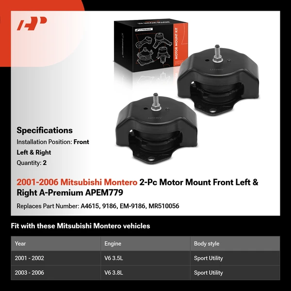 2001-2006 Mitsubishi Montero 2-Pc Motor Mount Front Left & Right A-Premium APEM779
