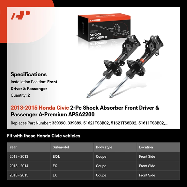 2013-2015 Honda Civic 2-Pc Shock Absorber Front Driver & Passenger A-Premium APSA2200
