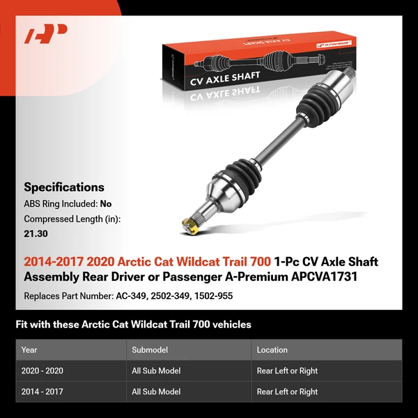 2014-2017 2020 Arctic Cat Wildcat Trail 700 1-Pc CV Axle Shaft Assembly Rear Driver or Passenger A-Premium APCVA1731