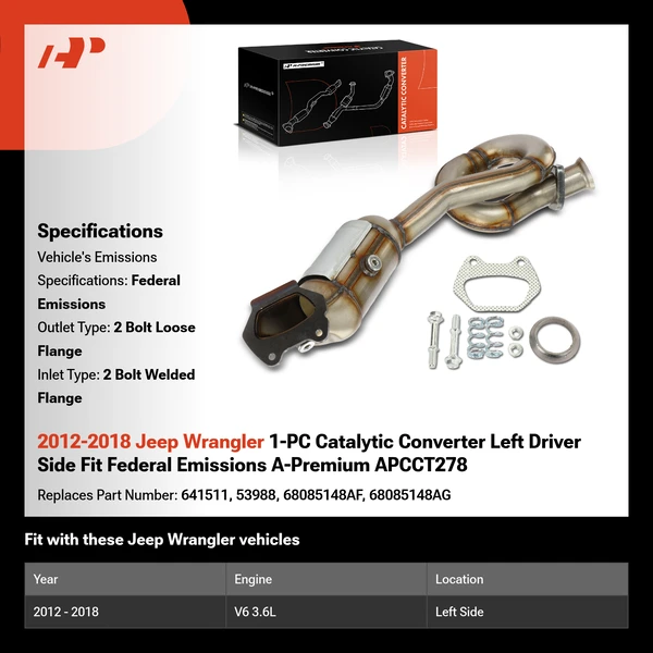 2012-2018 Jeep Wrangler 1-PC Catalytic Converter Left Driver Side Fit Federal Emissions A-Premium APCCT278