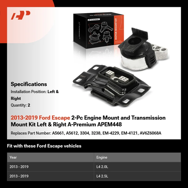 2013-2019 Ford Escape 2-Pc Engine Mount and Transmission Mount Kit Left & Right A-Premium APEM448