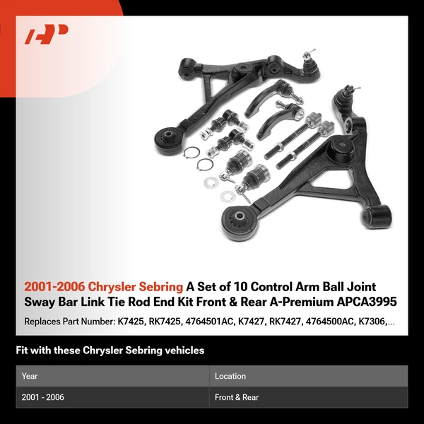 2001-2006 Chrysler Sebring A Set of 10 Control Arm Ball Joint Sway Bar Link Tie Rod End Kit Front & Rear A-Premium APCA3995