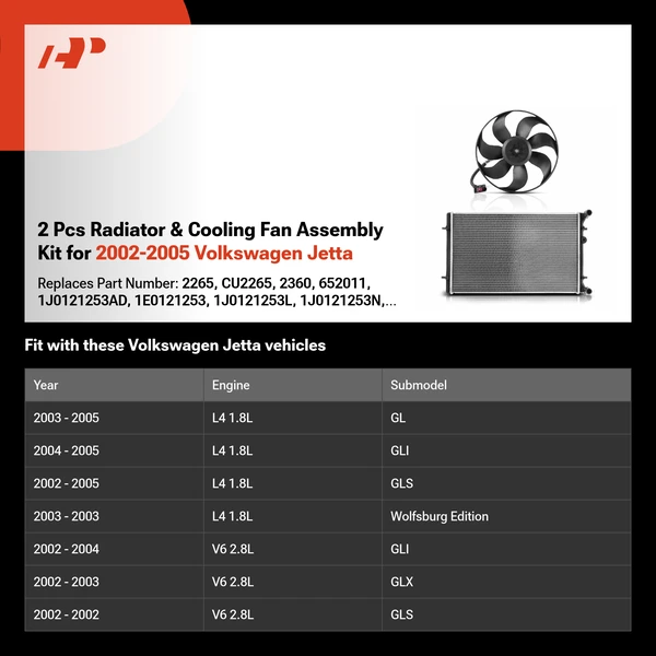 2 Pcs Radiator & Cooling Fan Assembly Kit for 2002-2005 Volkswagen Jetta