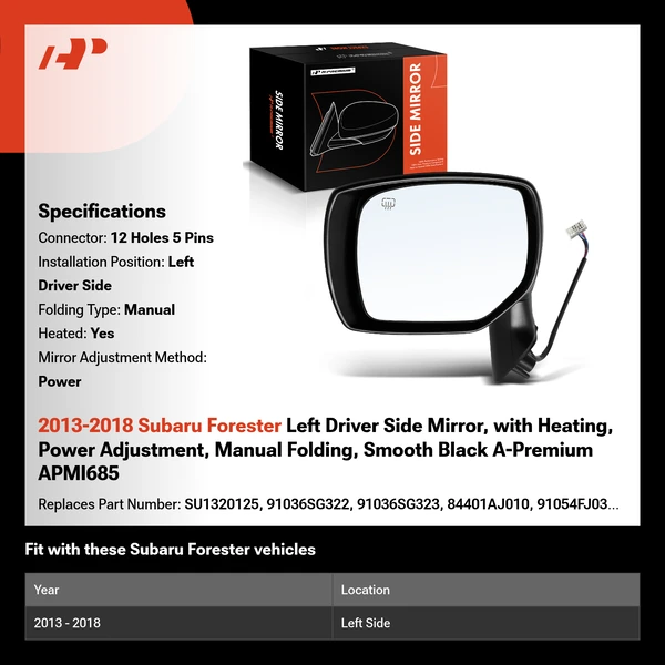 2013-2018 Subaru Forester Left Driver Side Mirror, with Heating, Power Adjustment, Manual Folding, Smooth Black A-Premium APMI685