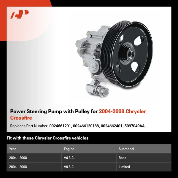 Power Steering Pump with Pulley for 2004-2008 Chrysler Crossfire