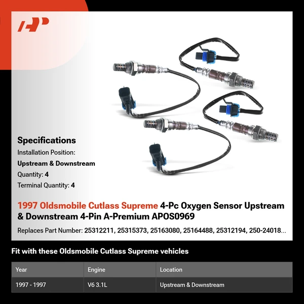 1997 Oldsmobile Cutlass Supreme 4-Pc Oxygen Sensor Upstream & Downstream 4-Pin A-Premium APOS0969