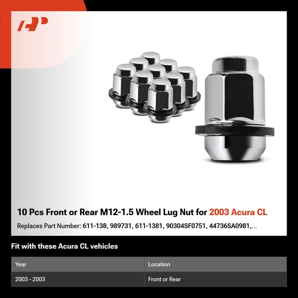 10 Pcs Front or Rear M12-1.5 Wheel Lug Nut for 2003 Acura CL