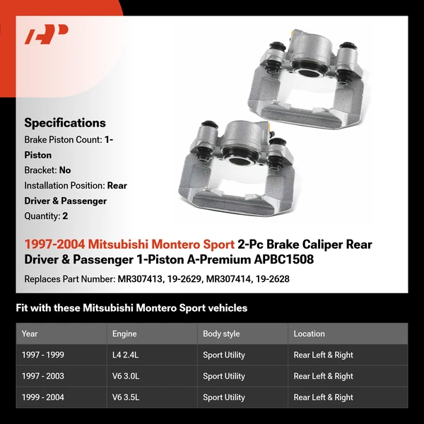 1997-2004 Mitsubishi Montero Sport 2-Pc Brake Caliper Rear Driver & Passenger 1-Piston A-Premium APBC1508