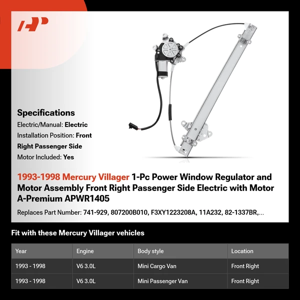 1993-1998 Mercury Villager 1-Pc Power Window Regulator and Motor Assembly Front Right Passenger Side Electric with Motor A-Premium APWR1405