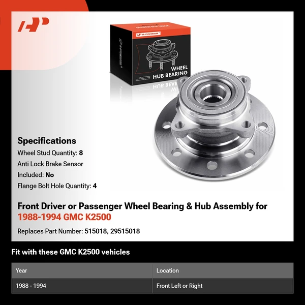 Front Driver or Passenger Wheel Bearing & Hub Assembly for 1988-1994 GMC K2500