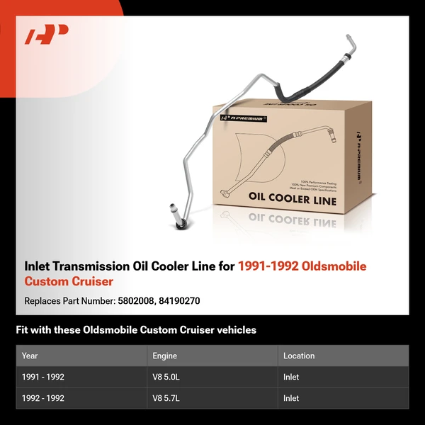 Inlet Transmission Oil Cooler Line for 1991-1992 Oldsmobile Custom Cruiser