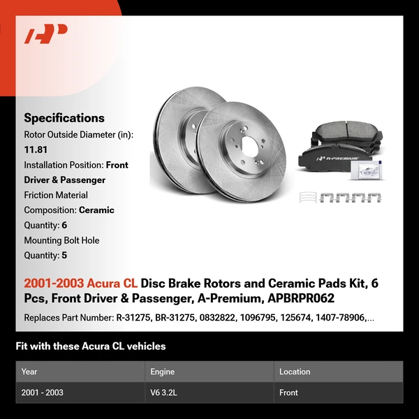 2001-2003 Acura CL Disc Brake Rotors and Ceramic Pads Kit, 6 Pcs, Front Driver & Passenger, A-Premium, APBRPR062