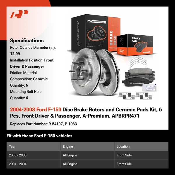 2004-2008 Ford F-150 Disc Brake Rotors and Ceramic Pads Kit, 6 Pcs, Front Driver & Passenger, A-Premium, APBRPR471