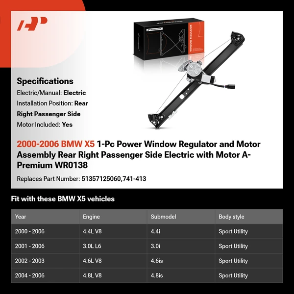 2000-2006 BMW X5 1-Pc Power Window Regulator and Motor Assembly Rear Right Passenger Side Electric with Motor A-Premium WR0138