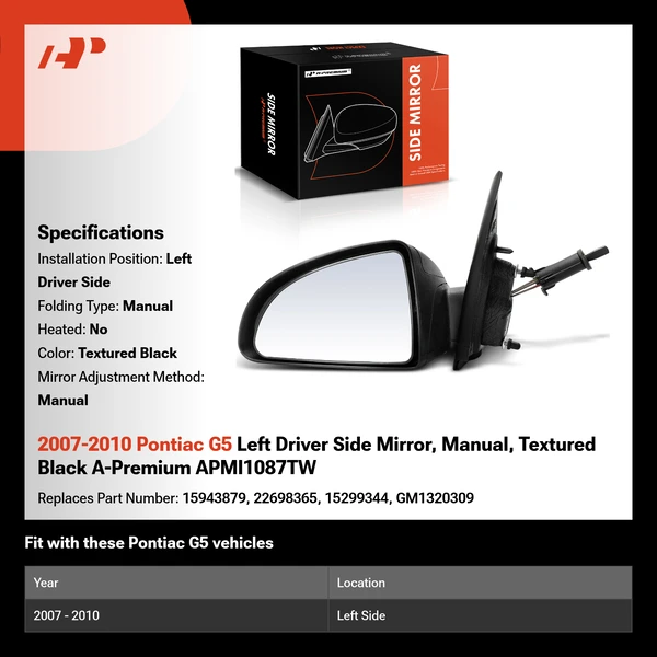 2007-2010 Pontiac G5 Left Driver Side Mirror, Manual, Textured Black A-Premium APMI1087TW
