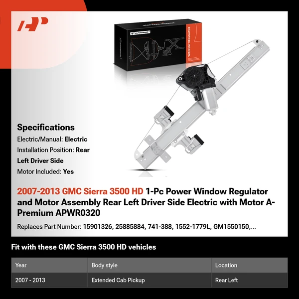 2007-2013 GMC Sierra 3500 HD 1-Pc Power Window Regulator and Motor Assembly Rear Left Driver Side Electric with Motor A-Premium APWR0320