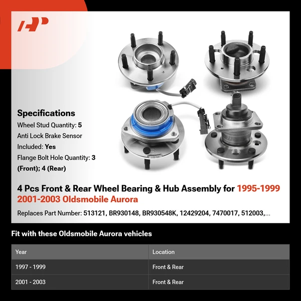 4 Pcs Front & Rear Wheel Bearing & Hub Assembly for 1995-1999 2001-2003 Oldsmobile Aurora