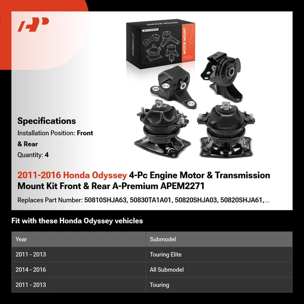 2011-2016 Honda Odyssey 4-Pc Engine Motor & Transmission Mount Kit Front & Rear A-Premium APEM2271