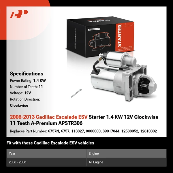 2006-2013 Cadillac Escalade ESV Starter 1.4 KW 12V Clockwise 11 Teeth A-Premium APSTR306
