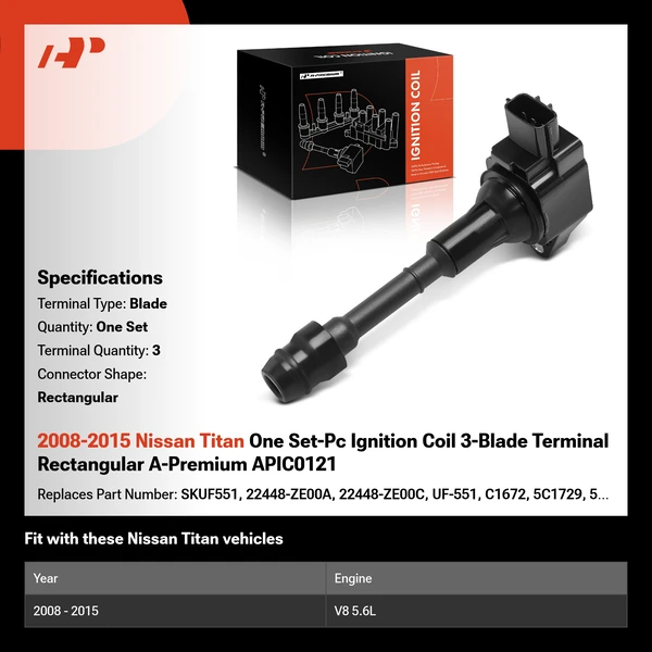2008-2015 Nissan Titan One Set-Pc Ignition Coil 3-Blade Terminal Rectangular A-Premium APIC0121