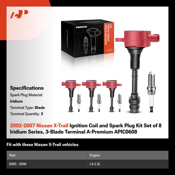 2002-2007 Nissan X-Trail Ignition Coil and Spark Plug Kit Set of 8 Iridium Series, 3-Blade Terminal A-Premium APIC0608