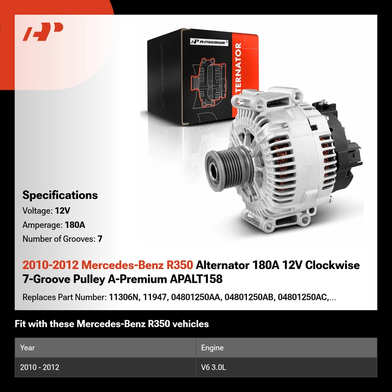 2010-2012 Mercedes-Benz R350 Alternator 180A 12V Clockwise 7-Groove Pulley A-Premium APALT158