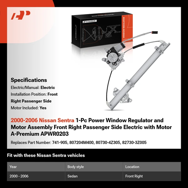 2000-2006 Nissan Sentra 1-Pc Power Window Regulator and Motor Assembly Front Right Passenger Side Electric with Motor A-Premium APWR0203