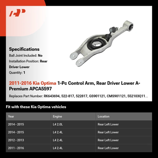 2011-2016 Kia Optima 1-Pc Control Arm, Rear Driver Lower A-Premium APCA5597