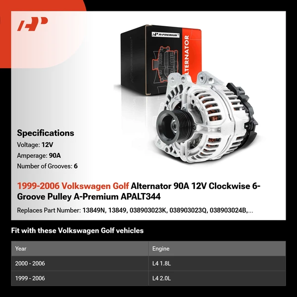 1999-2006 Volkswagen Golf Alternator 90A 12V Clockwise 6-Groove Pulley A-Premium APALT344