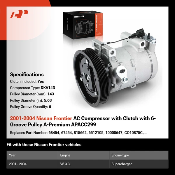 2001-2004 Nissan Frontier AC Compressor with Clutch with 6-Groove Pulley A-Premium APACC299