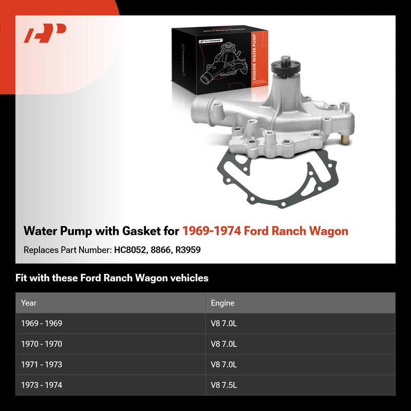 Water Pump with Gasket for 1969-1974 Ford Ranch Wagon