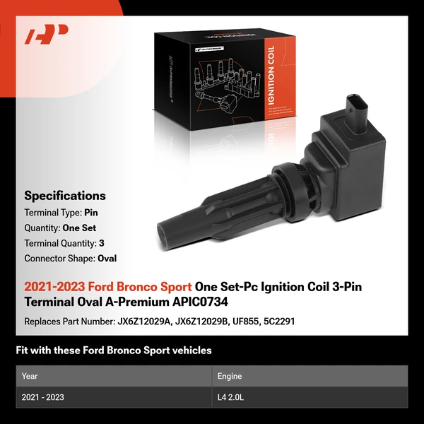 2021-2023 Ford Bronco Sport One Set-Pc Ignition Coil 3-Pin Terminal Oval A-Premium APIC0734