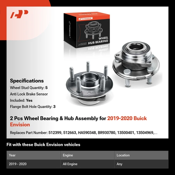 2 Pcs Wheel Bearing & Hub Assembly for 2019-2020 Buick Envision