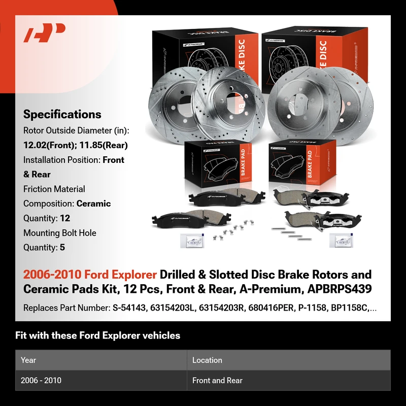 2006-2010 Ford Explorer Drilled & Slotted Disc Brake Rotors and Ceramic Pads Kit, 12 Pcs, Front & Rear, A-Premium, APBRPS439