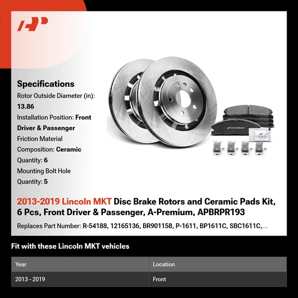 2013-2019 Lincoln MKT Disc Brake Rotors and Ceramic Pads Kit, 6 Pcs, Front Driver & Passenger, A-Premium, APBRPR193