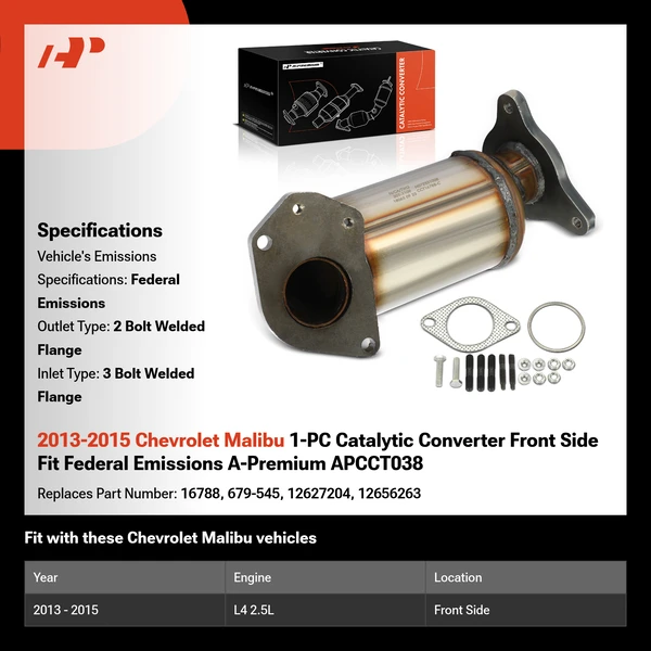 2013-2015 Chevrolet Malibu 1-PC Catalytic Converter Front Side Fit Federal Emissions A-Premium APCCT038