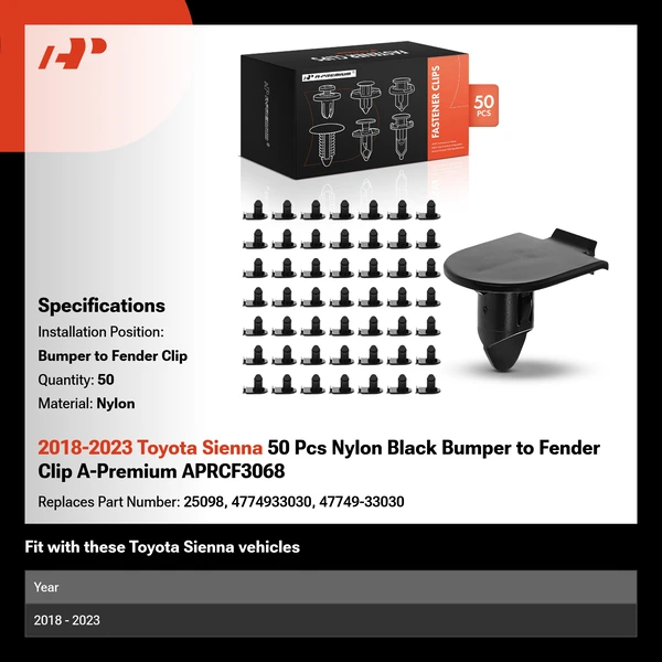 2018-2023 Toyota Sienna 50 Pcs Nylon Black Bumper to Fender Clip A-Premium APRCF3068